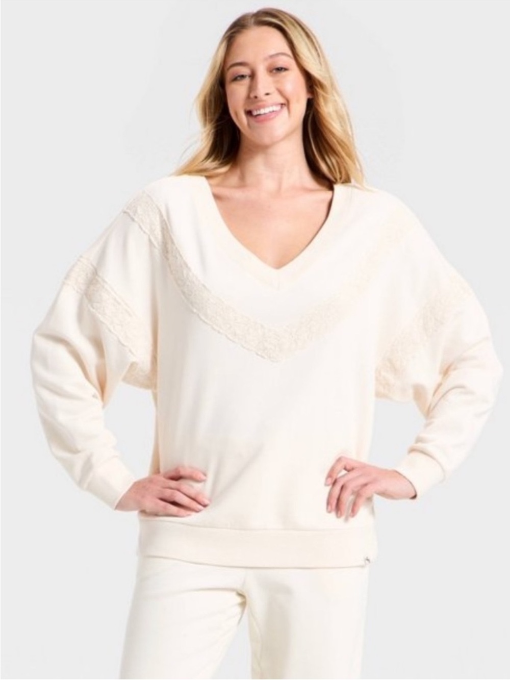 Women’s Crochet Trim V-Neck Sweatshirt JoyLab Cream